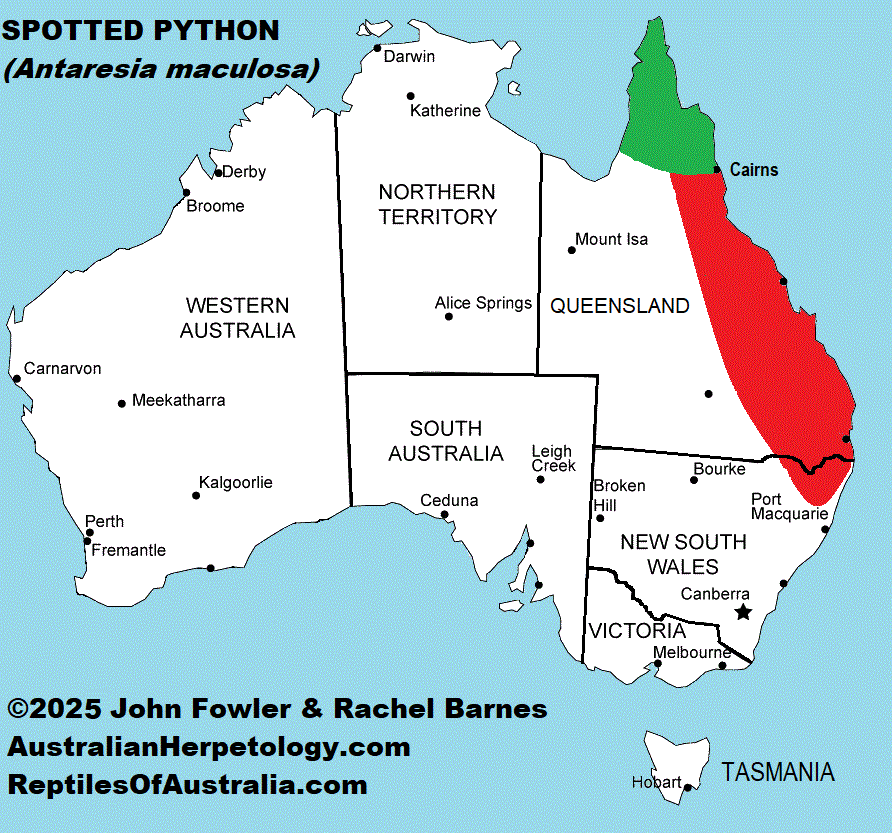 Approximate distribution of the Peninsula Spotted Python (Antaresia maculosa peninsularis) shown in Green